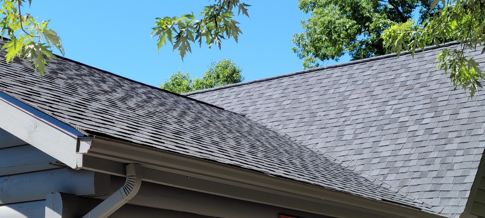 Roof Edge With Gutter and Downspout Gray shingle roof slopes above a light-colored gutter and curved downspout.