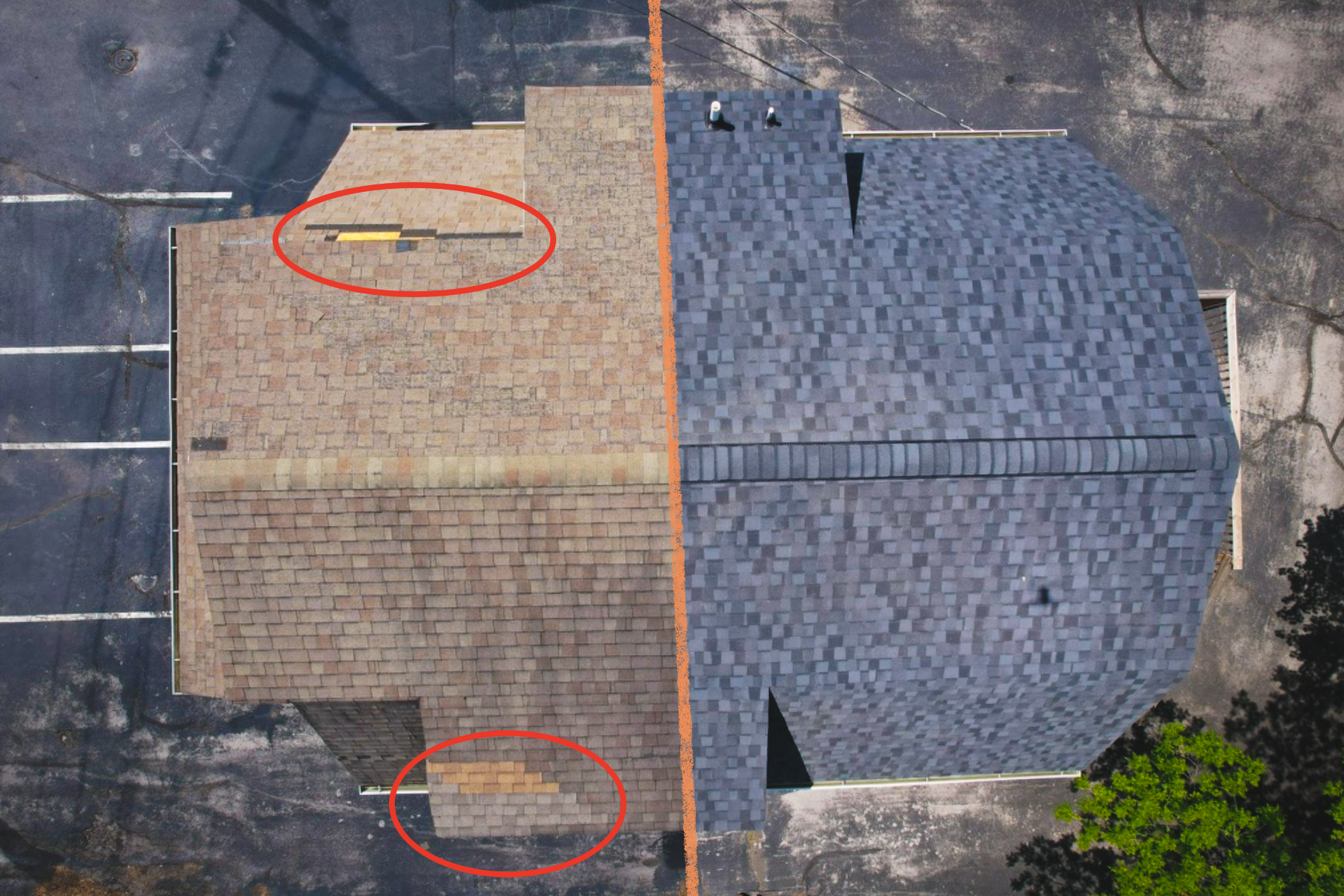 New roof in Fountain City before and after view showing missing shingles replaced with Moire Black asphalt shingles.
