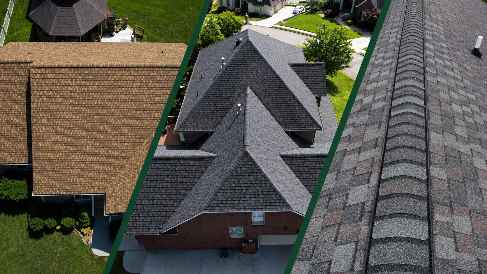 Three asphalt shingles roof styles showing differences in color, texture, layering, and dimensional appearance.