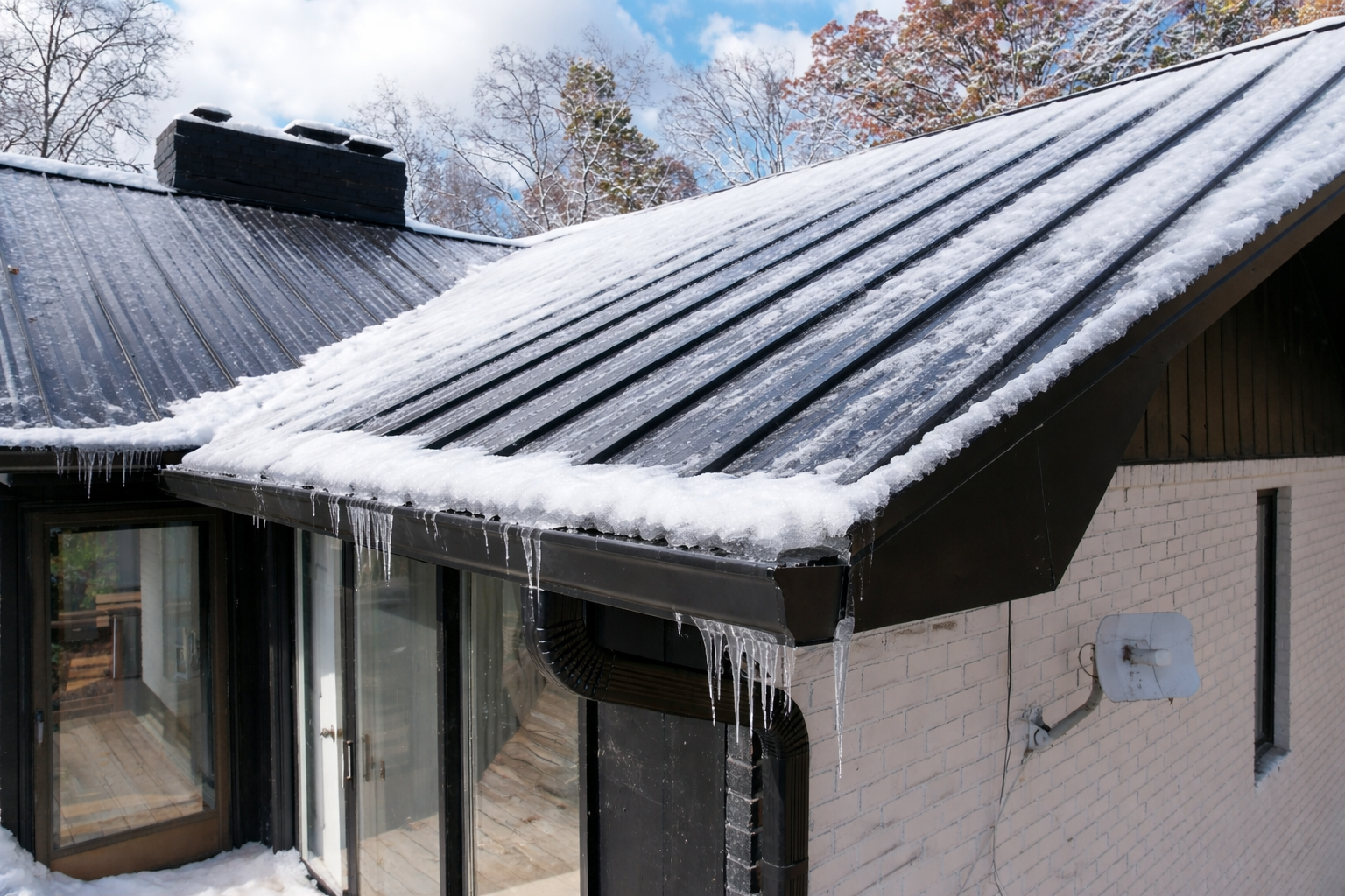 Snow and icicles on a black standing seam roof on a brick home, showing winter conditions for metal roofing in Knoxville, TN.