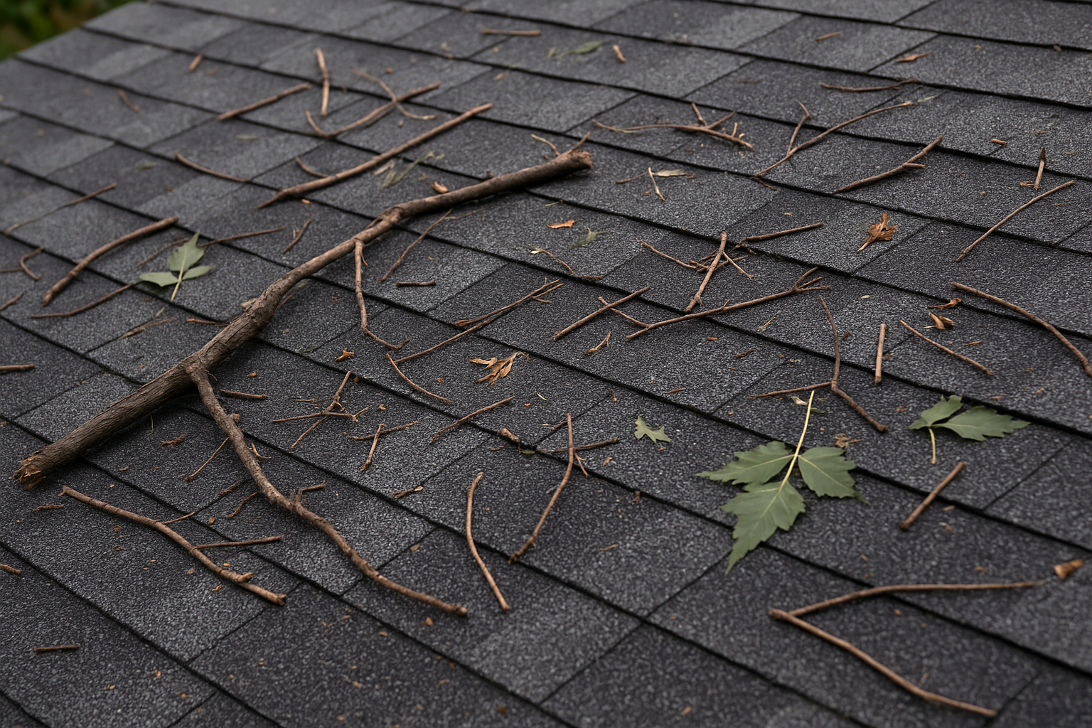 Debris on Roof Asphalt shingle roof with storm debris, including branches and leaves, after severe weather.