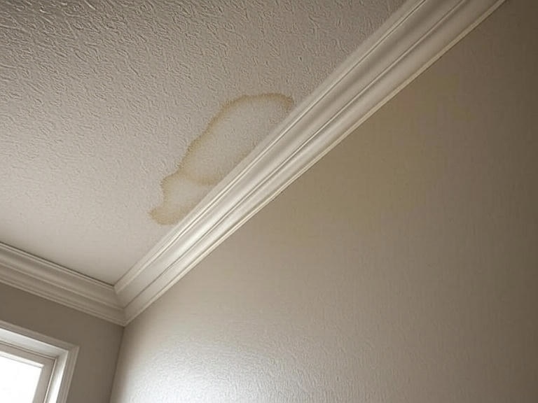 Ceiling corner with a large water stain from a roof leak above crown molding.