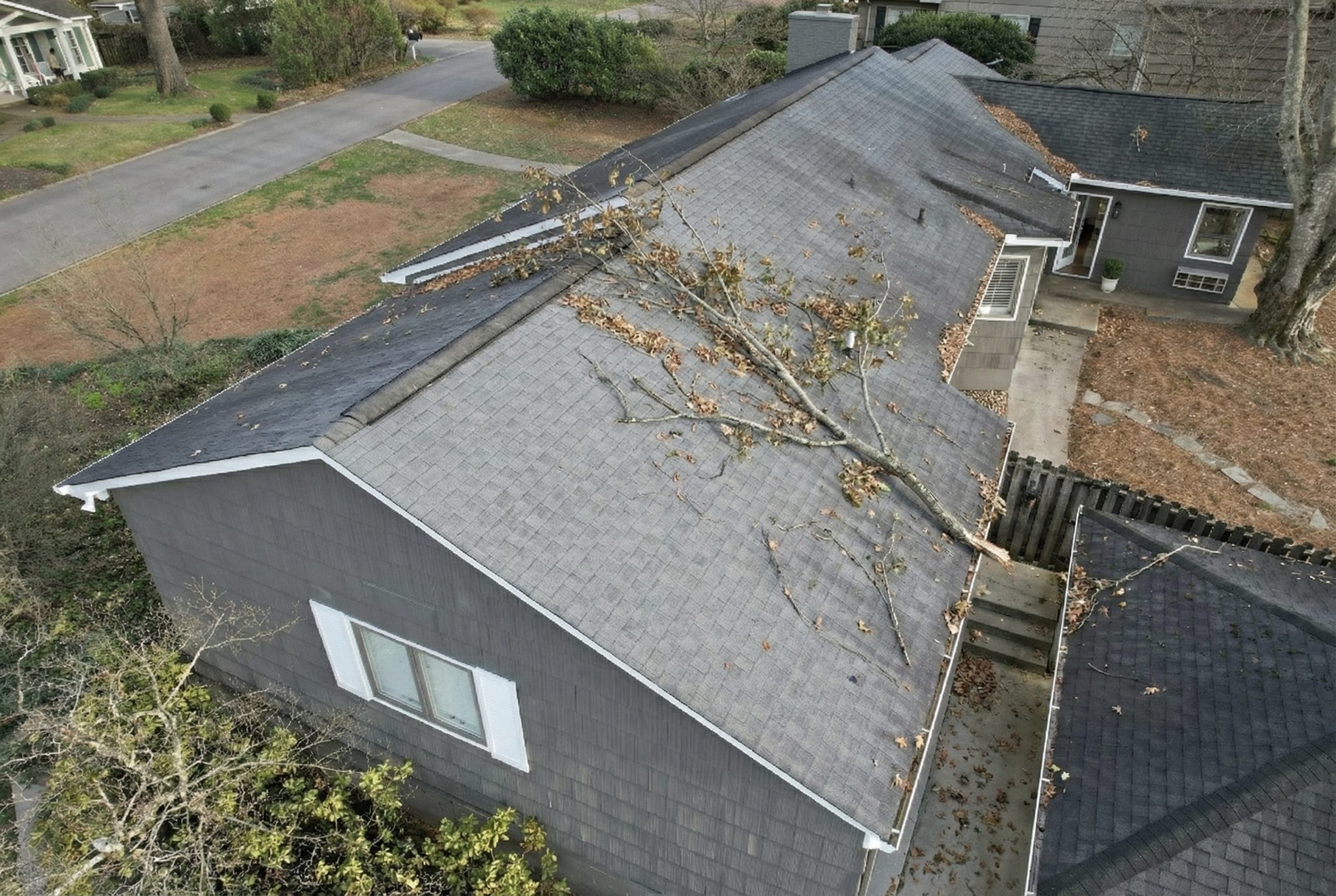 Large branch hit roof on Knoxville home Aerial view of a gray shingle house after a large branch hit roof during a storm in a Knoxville neighborhood.