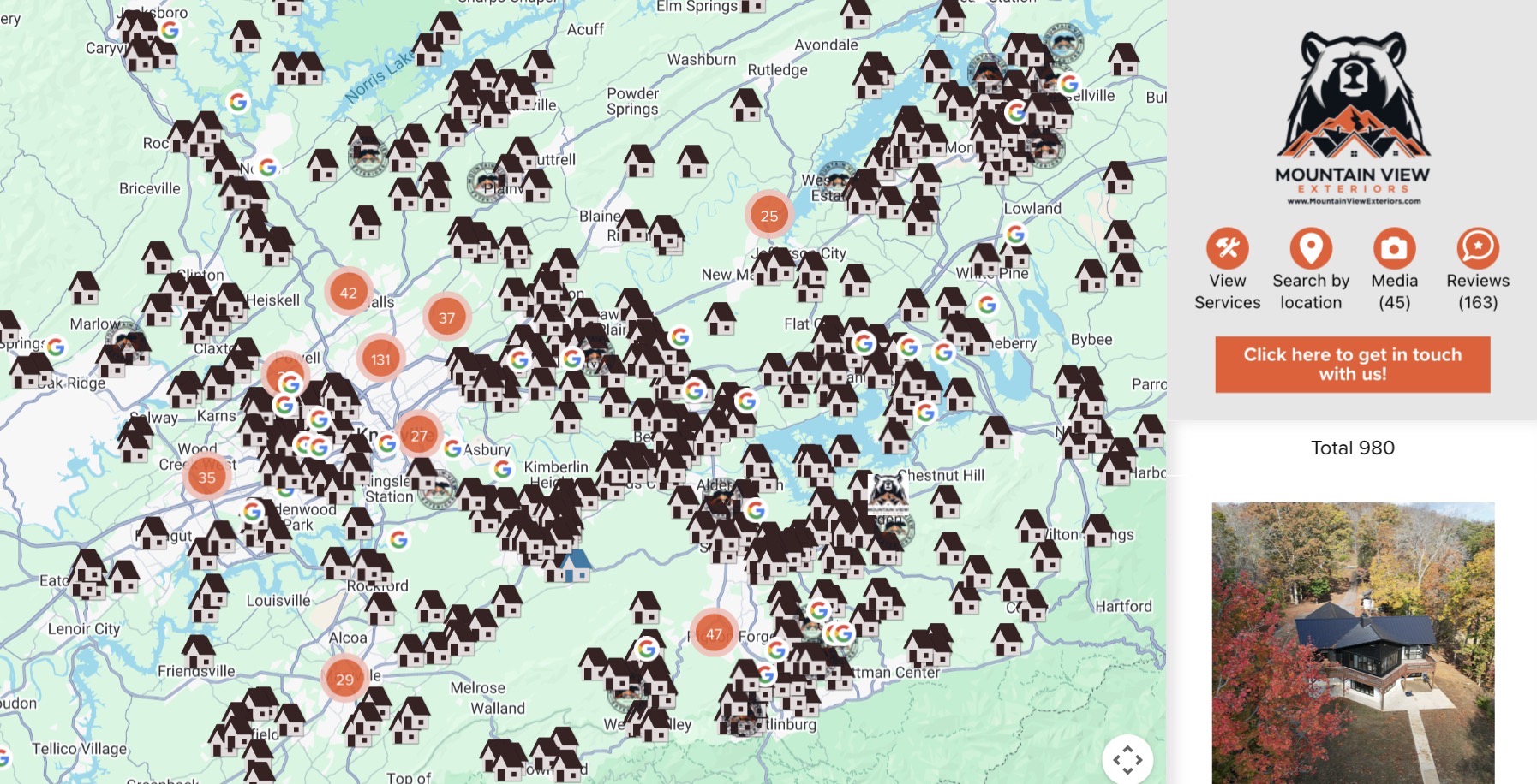 East Tennessee Roofing Jobs Map East Tennessee Roofing Jobs map showing completed roof and gutter projects pinned across Knoxville and surrounding East Tennessee areas.