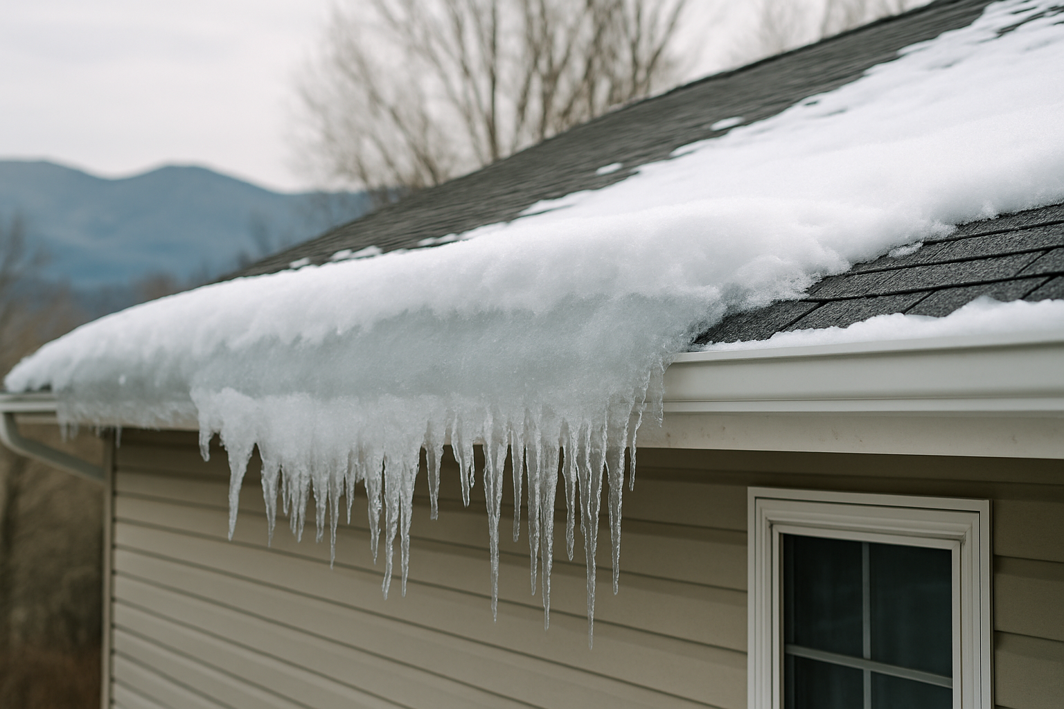 Roof Ice Dams on an East Tennessee Home Roof ice dams with heavy icicles hanging from an asphalt shingle roof and white gutters on a beige East Tennessee house.