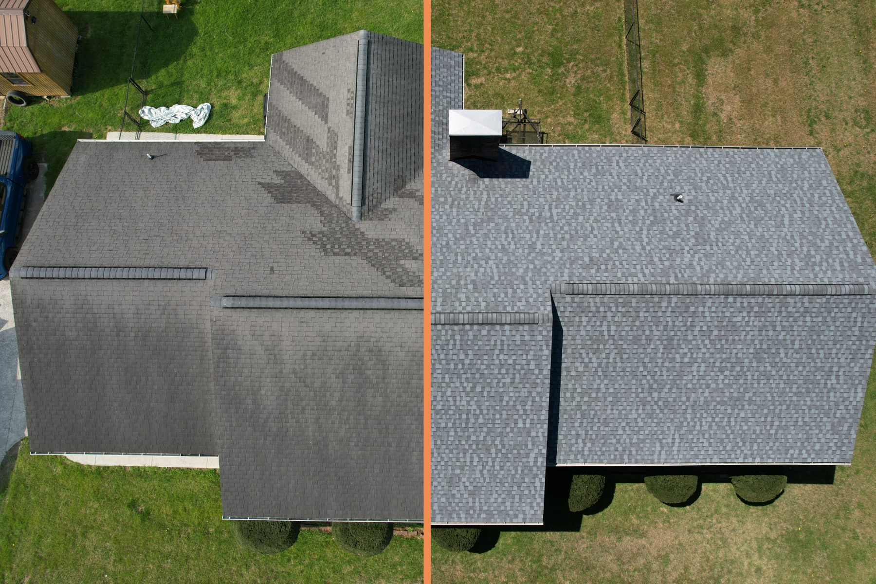 Asphalt Roof Leak Repair and Replacement After Fall Storms Before and after aerial view of a home showing how asphalt roof leak repair after fall storms can lead to full roof replacement.