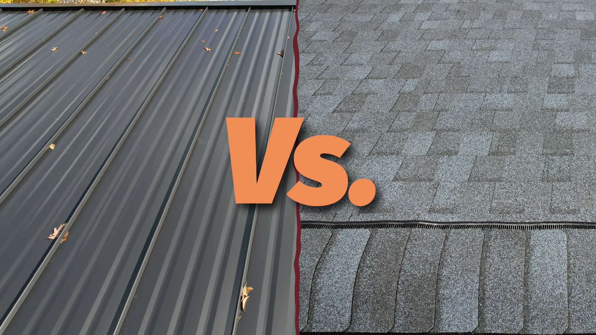 Metal Roof vs. Asphalt Shingle: Do Roofs Hold Up Better in the Smokies? Side by side image showing metal roof vs. asphalt shingle for a homeowner comparison.
