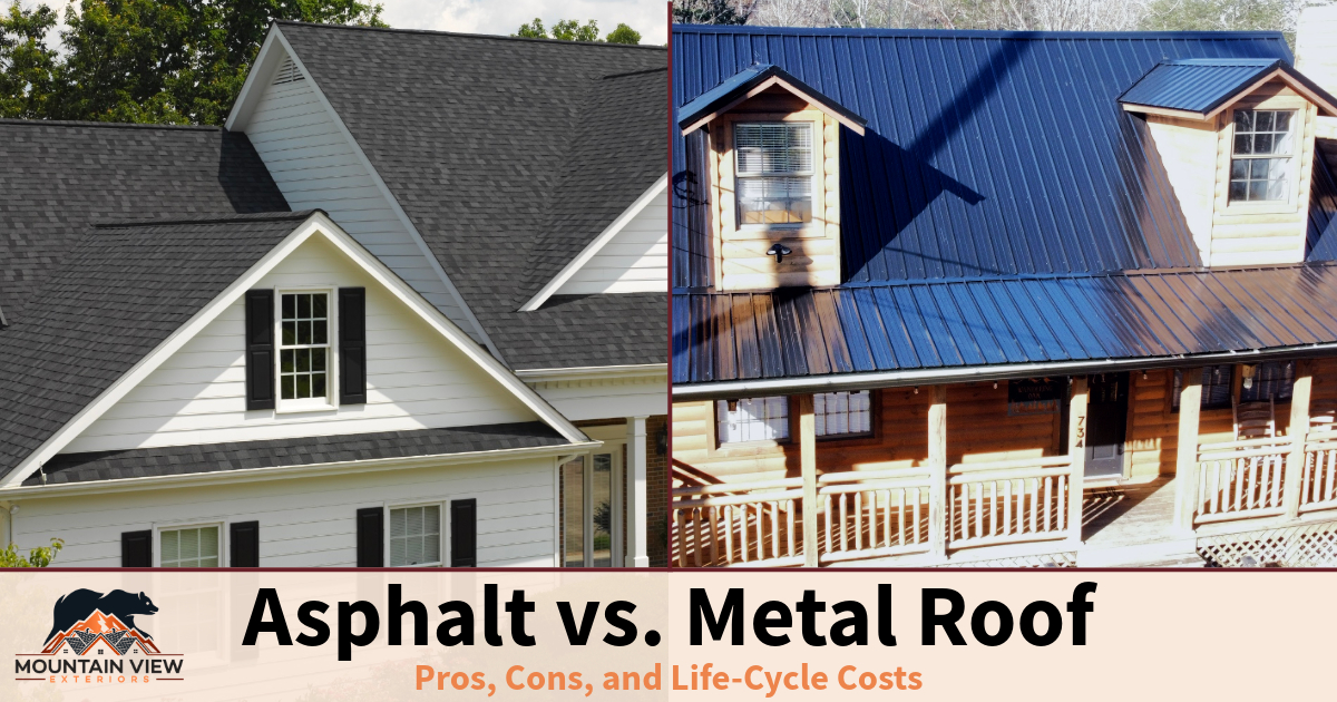 asphalt vs metal roof Side-by-side view of an asphalt roof and a metal roof, with article title overlaid.
