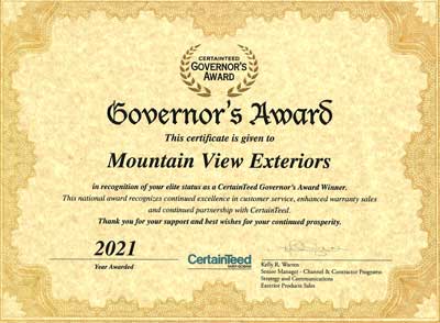 Governor's Award for Mountain View Exteriors, top notch roofing contractor.