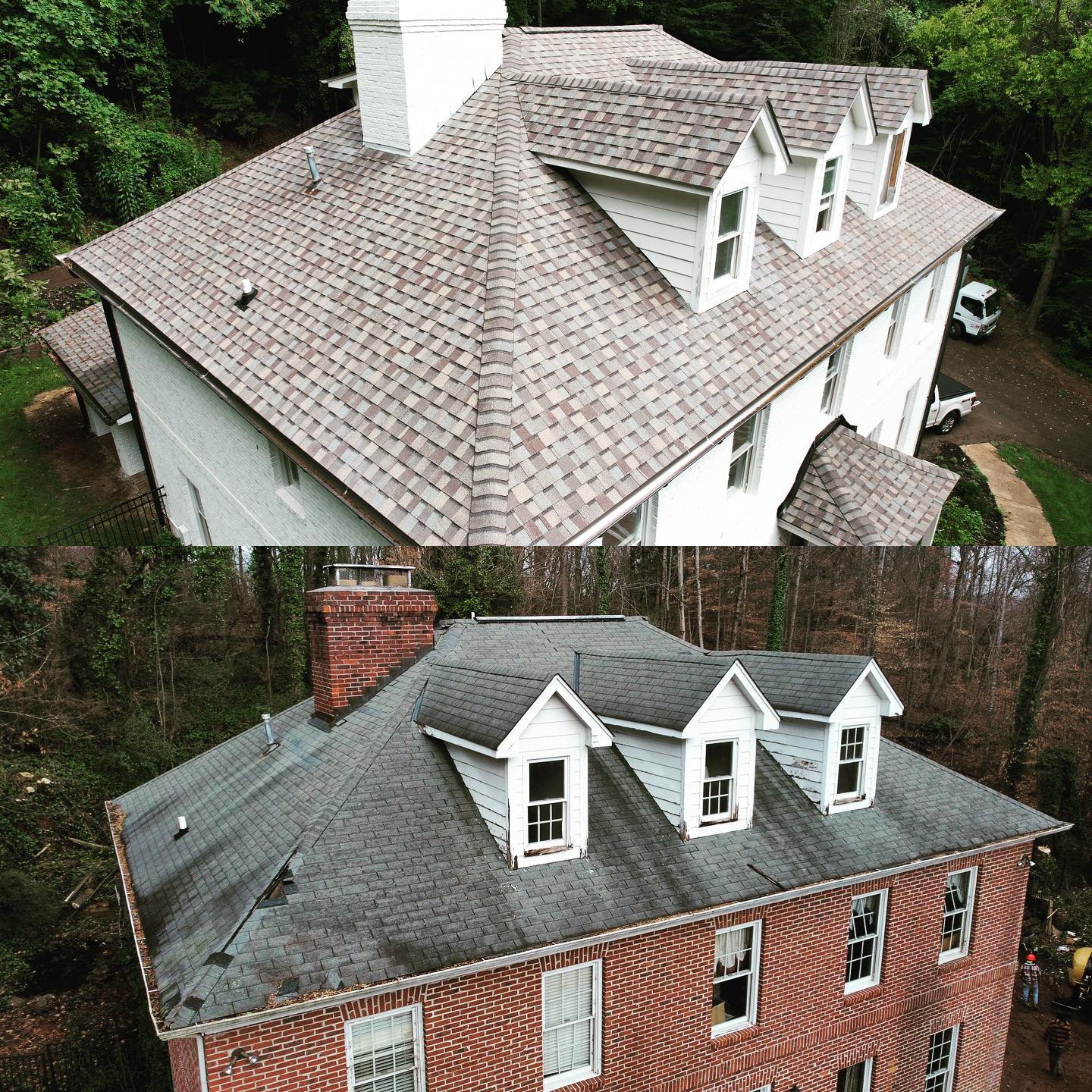 New roof installation compared to the old roof. Newly installed by Mountain View Exteriors.